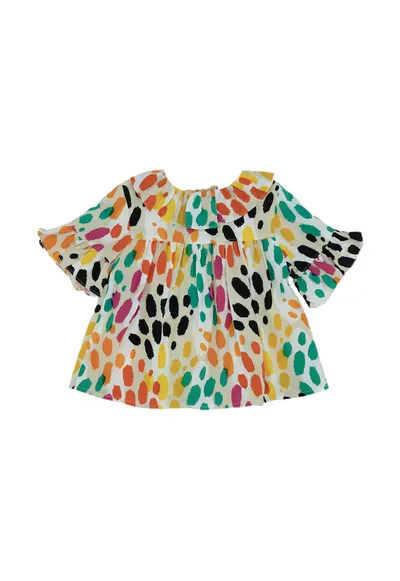 Bluza vaporoasa cu maneca scurta si volane - Hope - cu buline colorate - pentru fetite - Bej