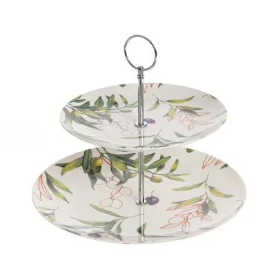 Etajera ceramica 2 nivele, decor masline si frunze