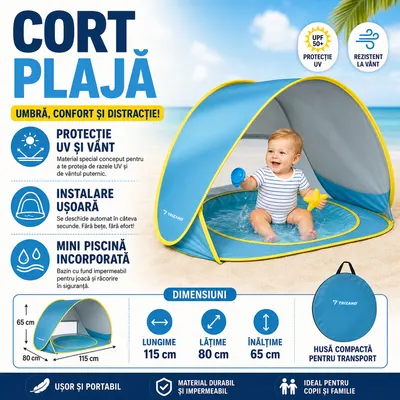 Cort plaja pentru copii cu bazin integrat, POP UP, protectie UV si vant, albastru-galben, 65x115x80cm