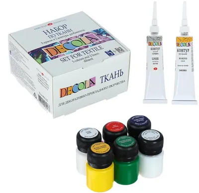 Vopsea textilă Nevskaya Palitra Decola - 5 culori x 20 ml, cu 2 vopsele de contur și diluant