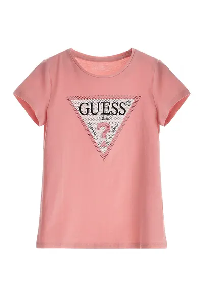 Tricou cu imprimeu logo si strasuri - Alb/Roz somon/Argintiu