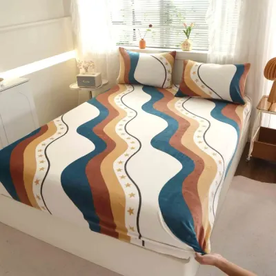 Cearsaf cu Elastic Cocolino 180x200cm si 2 fete de perna 50x70cm, Bej, Turcuaz, abstract