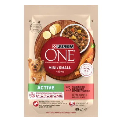 PURINA ONE MINI Active, vita, cartofi si morcovi, in sos, 85 g