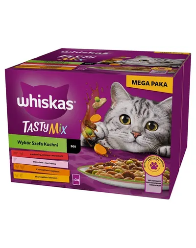 Hrana pentru pisici WHISKAS Adult 24x85 g Tasty Mix mix arome in sos cu vita, somon, pui si curcan, pui si cod pentru pisici adulte