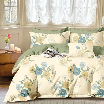Lenjerie de pat Somnart Percale cu 4 piese, cearceaf pat clasic 240 x 260 cm, cearceaf pilota 200 x 230 cm si 2 fete perna 50 x 70 cm model cu flori crem