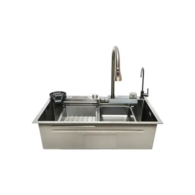 Chiuveta bucatarie multifunctionala cu doua baterii, otel inoxidabil, afisaj digital temperatura, doua cascade, spalator pahare, scurgator, tava, tocator si accesorii scurgere incluse, 75x46x23.5cm Cod: DISMT03