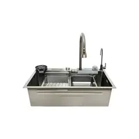 Chiuveta bucatarie multifunctionala cu doua baterii, otel inoxidabil, afisaj digital temperatura, doua cascade, spalator pahare, scurgator, tava, tocator si accesorii scurgere incluse, 75x46x23.5cm Cod: DISMT03