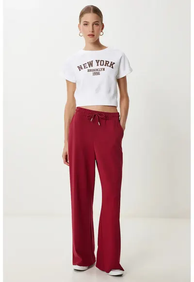 Pantaloni dama - Happiness Istanbul - picior rosu textil - Rosu