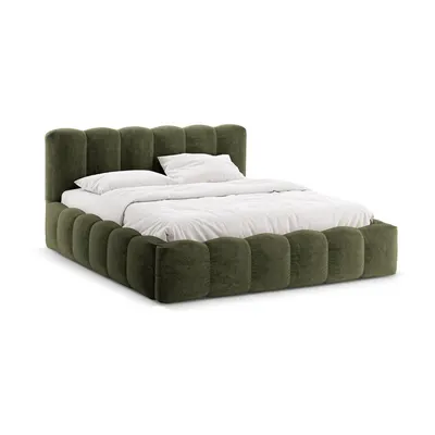 Pat matrimonial verde tapițat cu spațiu de depozitare cu somieră 140x200 cm Lupine – Micadoni