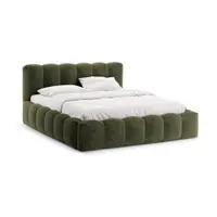 Pat matrimonial verde tapițat cu spațiu de depozitare cu somieră 140x200 cm Lupine – Micadoni