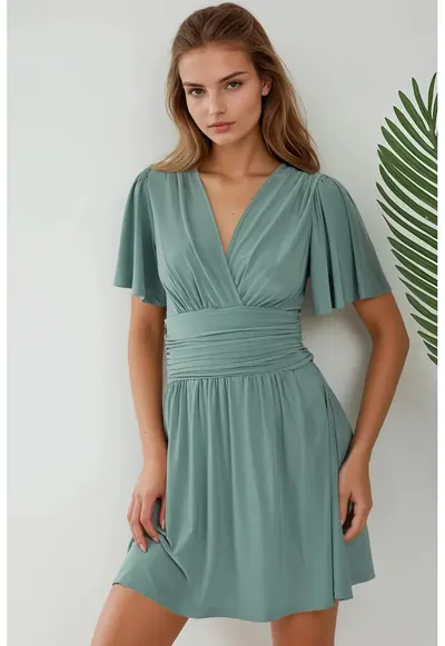 Rochie mini maneca scurta - decolteu in V - verde - jerseu