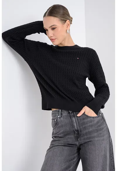 Pulover din bumbac organic cu model torsade - Negru
