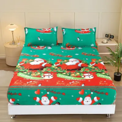 Cearsaf cu Elastic Cocolino 180x200cm si 2 fete de perna 50x70cm, Verde, Mos Craciun