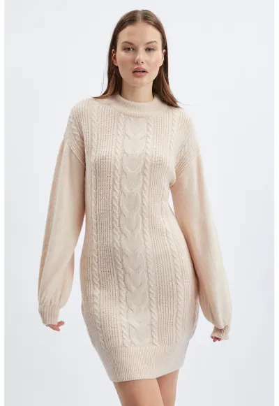 Rochie-pulover cu torsade - Crem