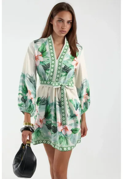 Rochie Mini - Floral - Verde - Poliester-Bumbac-Lycra