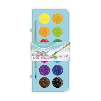 Acuarele pastila, 12culori/set + pensula (28mm), cu sclipici, Keyroad KR972743