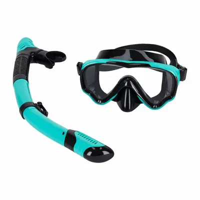 Masca de snorkeling Ikonka cu vedere 180, sticla securizata, si Tub respirator cu sistem dry top, anti-aburire, BlueBlack