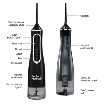 Dus bucal portabil Perfect Medical PM-51B, cu 4 moduri de curatare, rezervor 320 ml si presiune 30-120 PSI