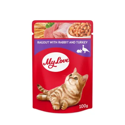 MY LOVE, Iepure și Curcan, hrană umedă pisici, (în sos) MY LOVE, Iepure și Curcan, plic hrană umedă pisici, (în sos), 85g