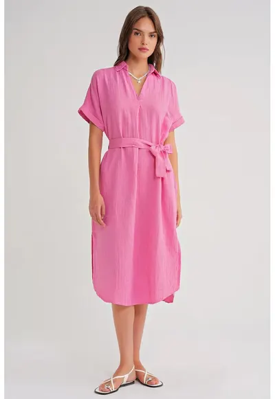 Rochie Midi - cu Maneca Scurta si Cordon - Roz Pudrat - Textil