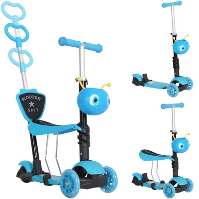 HOMCOM Trotinetă pentru Copii Trotinetă 3 Roți Evolutivă 5 în 1 Înălțime Ghidon Reglabil Mâner Telescopic Șa Spătar Detașabil Bleu | Aosom Romania