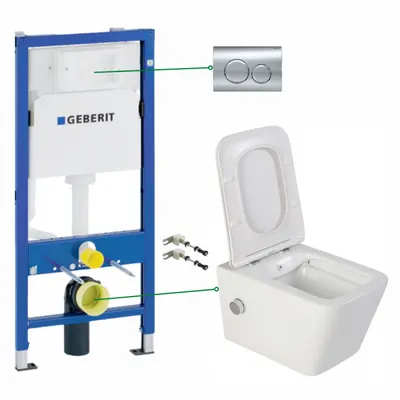 Set vas wc suspendat cu functie bideu si baterie crom Foglia Safari, rezervor incastrat si clapeta crom lucios, Geberit Delta