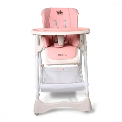 Scaun de masa copii Moni Chocolate Pink de la 6 luni,pliabil compact,spatar reglabil,7 nivele inaltime,husa impermeabila usor de curatat,roti,cos jucarii