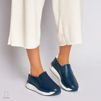 Pantofi casual de dama din piele naturala cu talpa platforma CRL0015 Navy