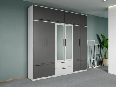 Dulap dormitor Alb-Gri 6U cu oglinda+suprapozabil - Madrid