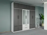 Dulap dormitor Alb-Gri 6U cu oglinda+suprapozabil - Madrid
