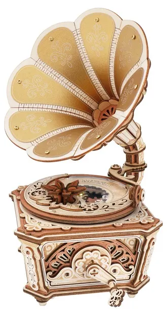 Puzzle 3D din lemn Robo Time din 200 piese - Cutie muzicală cu gramofon