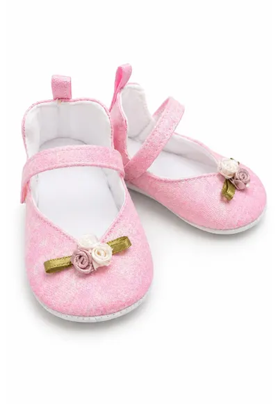 Balerini bebe roz eleganti cu floricele decorative - comozi si delicati pentru fetite