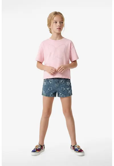 Tricou de bumbac cu aplicatie fluture - Roz