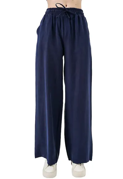 Pantaloni dama - cu talie inalta - picior larg - albastru marin - fabricat din material de calitate