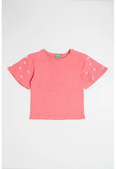 Tricou de bumbac cu aplicatii de strasuri - Roz zmeuriu/Argintiu