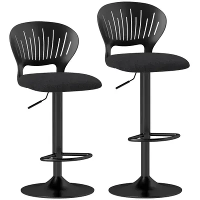 Set HOMCOM de 2 Scaune de Bar Reglabile, Scaune de Bucătărie Înalte din Țesătură Tip In cu Spătar, Suport pentru Picioare și Scaun Moale, Structură din Metal, Scaune de Bar Rotative la 360°, Negru | Aosom Romania