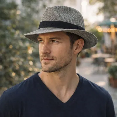 Pălărie de plajă bărbați Aristo, gri, stil fedora, cu bandă neagră, ușoară, respirabilă, protecție UV, diametru 32 cm