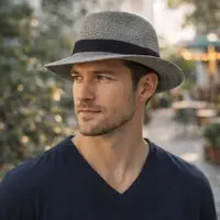 Pălărie de plajă bărbați Aristo, gri, stil fedora, cu bandă neagră, ușoară, respirabilă, protecție UV, diametru 32 cm