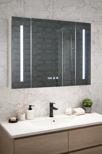 Dulap baie suspendat EDGE cu oglinda iluminare LED, 3 usi, alb, 80x14.5x68 cm