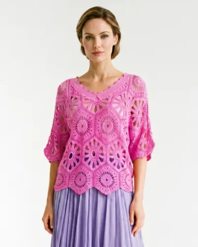 Bluza de vara cu broderie din bumbac, croi lejer, roz intens