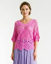 Bluza de vara cu broderie din bumbac, croi lejer, roz intens