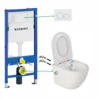 Set vas wc suspendat cu functie bideu si baterie crom Foglia Oslo, rezervor incastrat si clapeta alb lucios, Geberit Delta