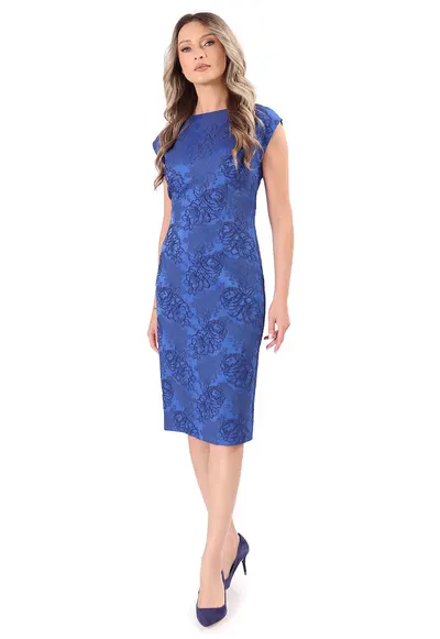 Rochie eleganta din brocart elastic cu motive florale - Albastru royal