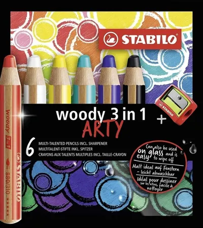 Set de creioane colorate Stabilo Woody 3 in 1 - Arty, 6 culori , cu ascuțitor