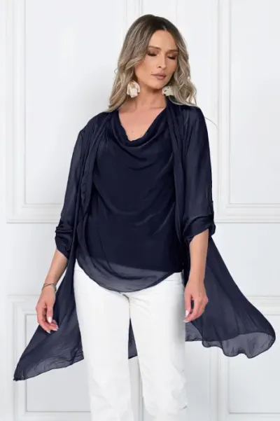 Blazer dama midi din matase tip kimono, croi fluid pentru layering, bleumarin