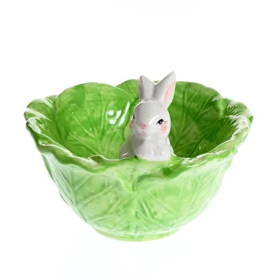 Bol verde decorativ din ceramica cu iepuras 16 cm