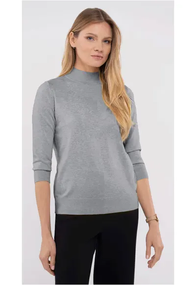 Pulover cu guler inalt - dama - maneci trei sferturi - S-Tess - gri melange - Gri melange