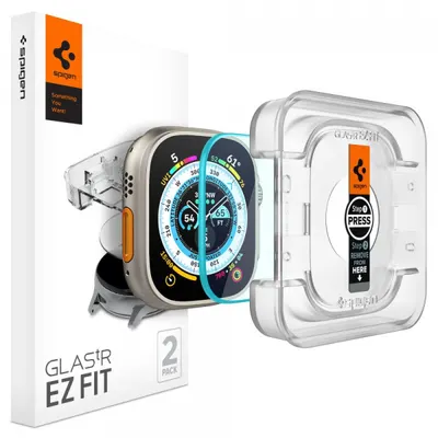 Folie Protectie Spigen GlastR EZ FIT pentru Apple Watch Ultra Series, Set 2 bucati, Sticla Securizata AGL05556