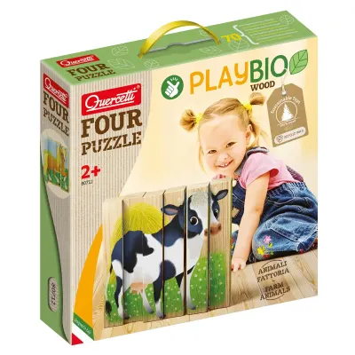 Puzzle din lemn 4 In 1, Quercetti, Animale Ferma, Play Bio, 6 piese