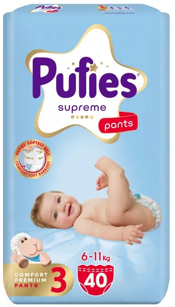 Scutece pantalonași Pufies Supreme - Mărimea 3 Midi, 40 bucăți, 6-11 kg, Value Pack